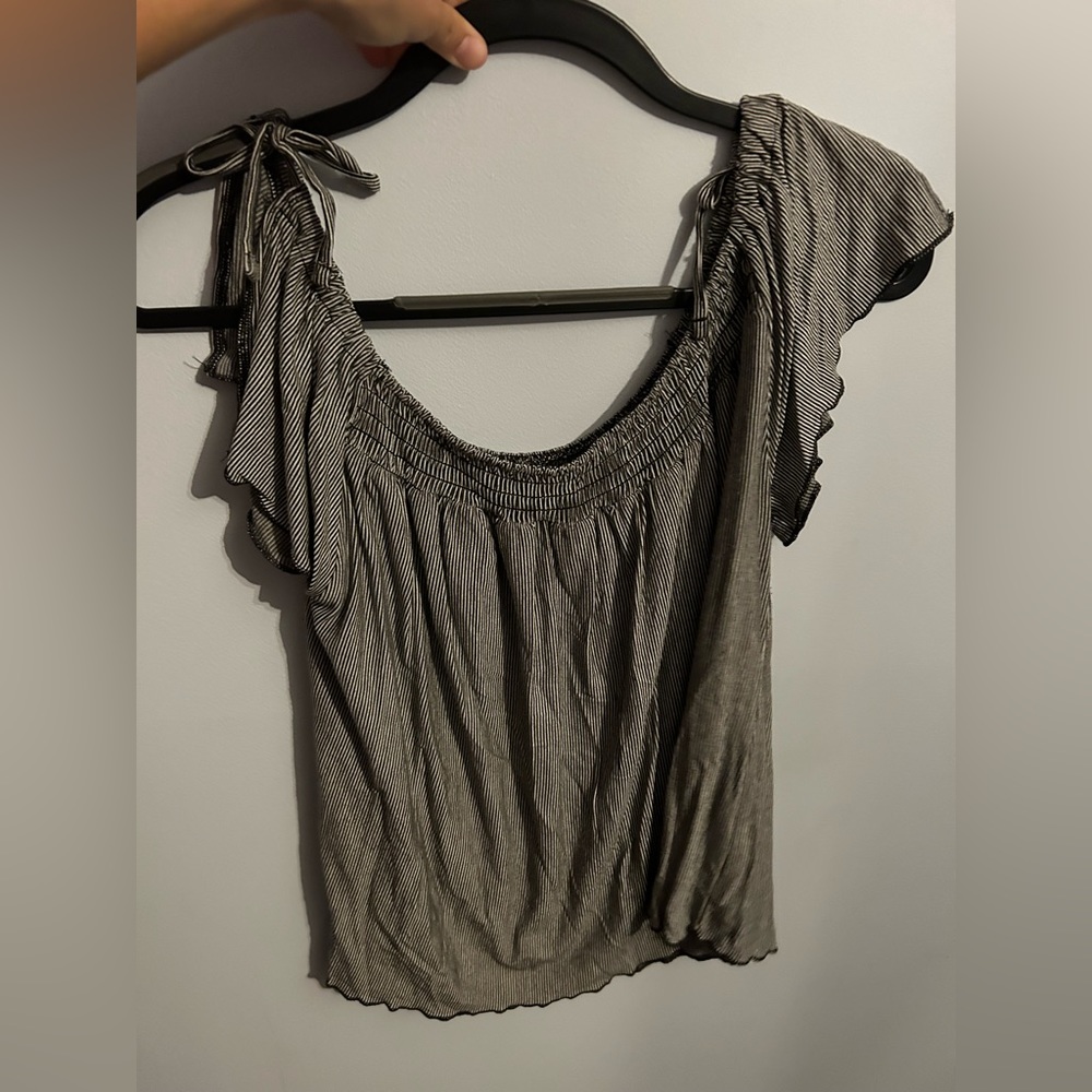 Black and Grey Striped off the shoulder T-shirt size XL American Eagle